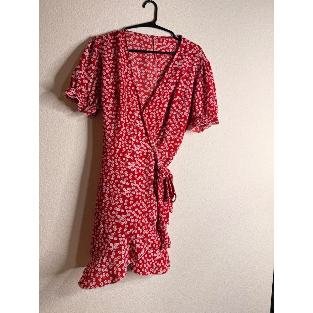 Unbranded Women L Red White Floral Ruffle Wrap Summer Dress Short Sleeve Mini